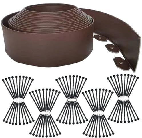 Lawn Edging Border 20m,Garden Edging Borders No Dig[Extra Tall 10cm High] with 100pcs Stakes,Flexible Landscape Edging,Mini Plastic Fence for Yard Flower Beds,Grass,Path -Brown