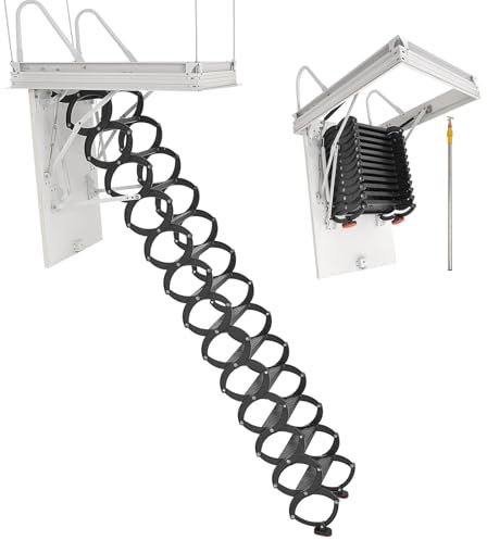 VEVOR Escalera de Ático, Capacidad de 299,4 kg, Se Adapta a Techos de 3,2 a 3,3 m y Abertura de 100 x 70 cm, Escalera Retráctil de Acero de Aleación con Barra de Tracción para Áticos y Lofts