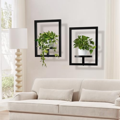 Hershii Wall Plant Stand Indoor, Metal Frame Planters Pot Holders 2 Pack | Flower Display Rack Window Plant Shelves Wall Decor for Living Room Entryway Bedroom Home Office, Black