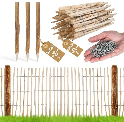 BOGATECO Staketenzaun Haselnuss Holz-Zaun 60 x 500cmmit Pfosten 90cm | Lattennabstand 7-8cm Perfekt als Gartenzaun | Zaun Garten Steckzaun Holzzaun | Langlebige Zaunpfosten