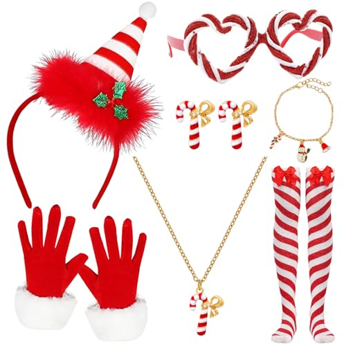 Zuckerstangen Weihnachten Kostüm Damen, Weihnachten Candy Kostüm Zubehör mit Stirnband Halsketten Armbänder Ohrringe Socken Handschuhe, Weihnachtskostüm Damen für Weihnachtsfeiern Cospaly Party