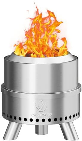 Wakeyard Rauchfreie Feuerstelle, 15 Zoll Tragbare Rauchfreie Feuerschale für den Außenbereich mit Schürhaken und Tragetasche, Feuerstelle aus Edelstahl, Einfache Einrichtung und Lagerung, Silber