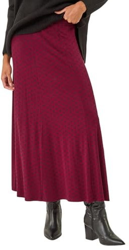 Roman Originals Jersey Skirt for Women UK - Ladies Midi Maxi Floral Animal Print Autumn Winter Swing Smart Casual Office Cocktail Party Going Out Evening Holiday Cruise - Burgundy - Size 10