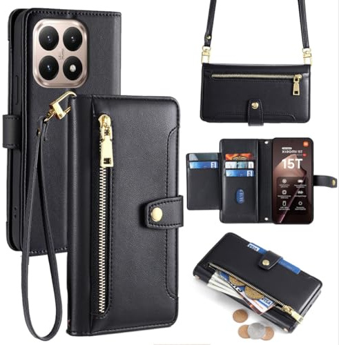 betterfon Handykette kompatibel mit Xiaomi 15T | Leder Handyhülle mit Kartenfächern | Handyhülle zum Umhängen | Schwarz