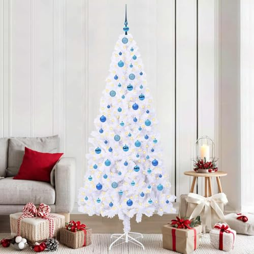 Árbol de Navidad artificial de 210 cm, blanco, PVC y acero, con 300 luces LED azules, 8 modos, alimentado por USB, para interiores y exteriores protegidos, decoración festiva sostenible