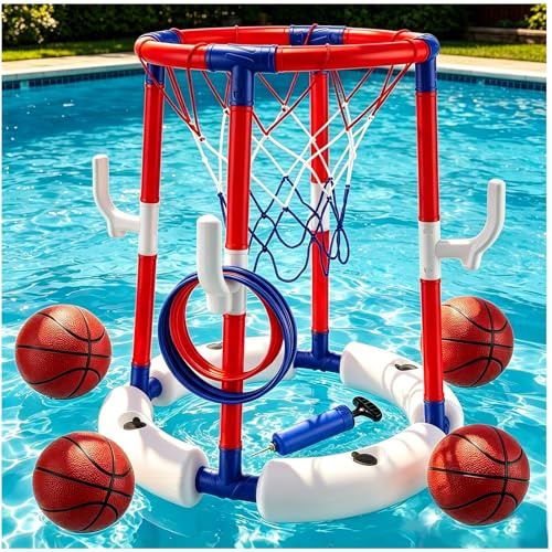 Canestro da Basket per Piscina Galleggiante Set con 4 Palline Gonfiabili e 12 Anelli da Lancio, Giochi Piscina Bambini, Struttura Stabile e Sicura, Gioco Acqua Estate per Famiglie, Ragazzi e Adulti