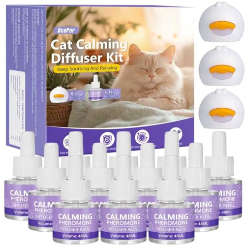 OcePor Difusor calmante para gatos, 12 soluciones de recarga, 3 enchufes, repuesto de difusor calmante de feromonas para gatos, difusor de feromonas para calmar gatos, alivio de la ansiedad de los