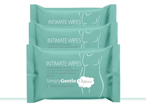 Simply Gentle Organic Intimate Wet Wipes, 100% Organic Cotton & 99% Water, Fragrance Free & Biodegradable Cleansing Wipes for Sensitive Skin, 60 Count (3 Packs of 20)