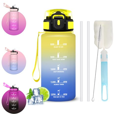 Botella Agua Niños, Botella Agua 500ml, A Prueba de Fugas Cantimplora con Pajita, Cepillo para Botellas y Pajita, Portátil Cantimplora con Marcador de Tiempo para Guardería, Oficina, Colegio, Escuela