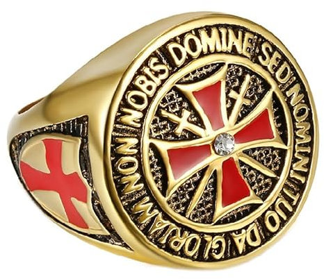 BOBIJOO JEWELRY - Chevalière Bague Anneau Homme Chevalier Templier Tout Or Doré Plaqué Croix Rouge Diamant Trésor - 17,8 (7 US)