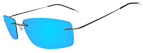 RONSOU Ultraleichte Randlose Titanmode Polarisierte Sonnenbrille für den Außenbereich_Graue Rahmen Blaue Linse (gespiegelt)