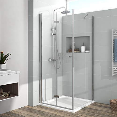EMKE Duschkabine 90 x 80 x 185cm Eckeinstieg Falttür Dusche 180º Klappbar Duschwand Duschabtrennung mit Seitenwand 6mm ESG Sicherheitsglas Duschtür 90 cm