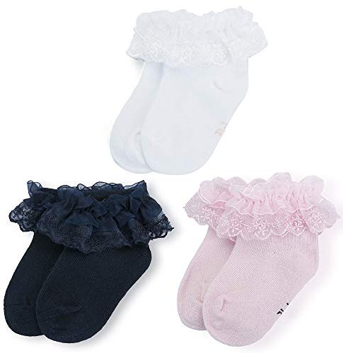 LACOFIA Calzini neonata da battesimo in cotone bianco in pizzo da bambina 3 Paia 0-6 mesi