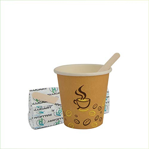 Palucart 500 Bicchieri in Carta per Caffe 90ml Bicchierini Colore Avana con grafica (3 oz) + 500 Palette in Legno di Betulla Biodegradabili in Cartoncino per Bevande Calde Cappuccino, Caffé