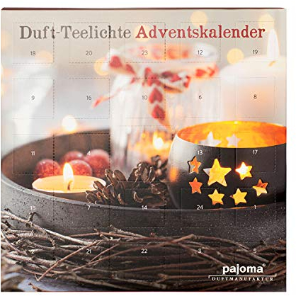 pajoma Duftkerzen Duftteelichte Teelicht Adventskalender rot, 24 Teelichte in 6 versch. Sorten inkl. Teelichthalter