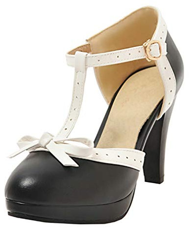 Birdsight Plateforme Escarpin Femme Bride Cheville Boucle Lanière en T Verins Talon Bloc Haut Carrés Rockabilly avec Noeud Chaussures d'été Rétro Sweet Chunky Heels 9CM(Noir,37)