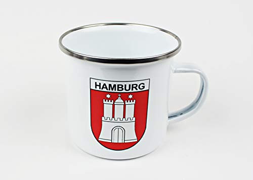 Buddel Bini Versand Emaille Becher Hamburg Wappen rot Tasse Kaffee Becher Emaillebecher