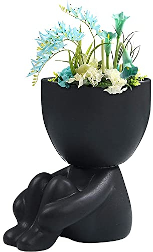 Ropniik Vaso da Fiori in Ceramica a Forma di Umano, Vaso da Giardino Creativo Humanoid per Piante Grasse, Decorazione Domestica (Nero)