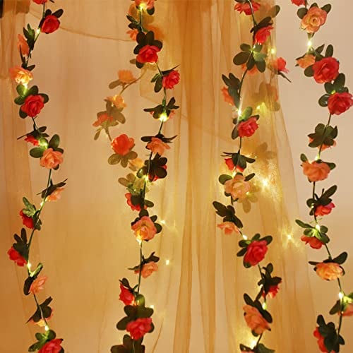 Fielegen 2.5 Meter Artificial Rose Flower String Lights with 30 LED Fairy Lights Hanging Fake Flower Vines for Valentines Day Garden Wedding Decor Birthday Party Wall Decor Aesthetic