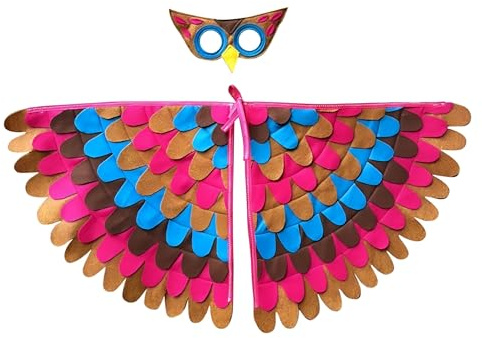 Proumhang Kinder Vogelflügel Kostüm für Alter von 3~8 Jahren,Vogeleule und Pfau Maske Eule verkleiden sich,Jungen Mädchen Filzaugen Maske und Flügel Set,Halloween Buntes Kostüm,Stil 6