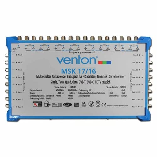 Venton Sat Multischalter 17/16 MSK I Multiswitch Kaskade für 16 Teilnehmer I Sat-Verteiler 17 Eingänge 16 Ausgänge - Full HD-TV 4K 3D I Empfang digitaler & terrestrischer Signale I inkl Netzteil