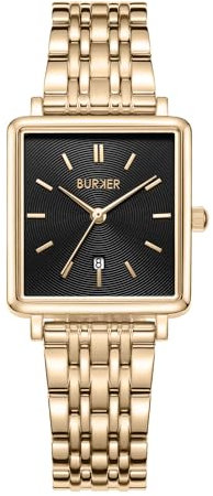 BURKER Damenuhr Daisy, Quadratische Damen Armbanduhr Gliederarmband Edelstahl Analog Quarz 3-ATM Wasserdicht - 28 mm - Gold Schwarz