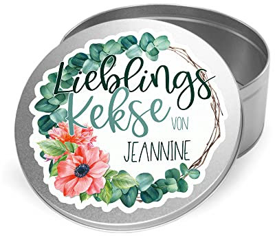 GRAZDesign Keksdose personalisiert mit Namen, Geschenkdose Rund - Personalisiertes Geschenk - Geschenkidee - Vorratsdose - Plätzchendose - Metalldose (Lieblingskekse mit Blumen)