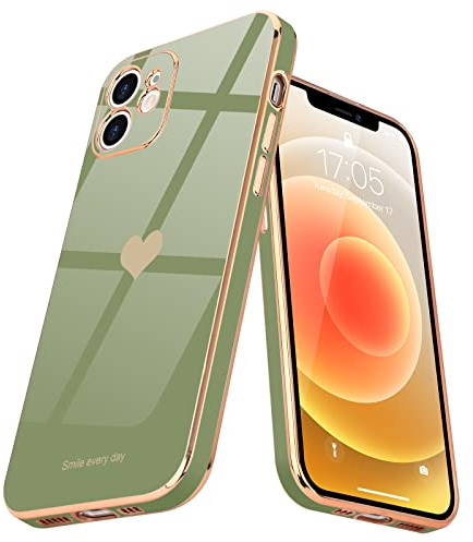 Teageo Kompatibel mit iPhone 12 Hülle, Süße Herz Muster Mädchen Handyhülle Luxuriös Galvanisierte Weich TPU Kameraschutz Kratzfest Stoßfest Schutzhülle Bumper Phone Case für iPhone 12, Lichtgrün