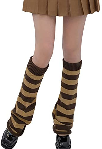 FeMereina Leg Warmers for Women 80s 90s Goth Leg Warmer Girls Kawaii Japanese Style Knit Striped Leg Warmers Y2K Leg Sleeves (Stripes - Brown, One Size)