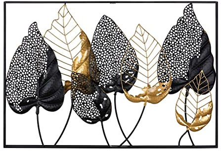 3D MF Metall Wandrelief 7 Blätter ''Santos'' Wandschmuck Bildrahmen Metalldeko Metall Metallbild Dekoration Breite 95cm schwarz / gold NEUHEIT, 65 x 95 cm