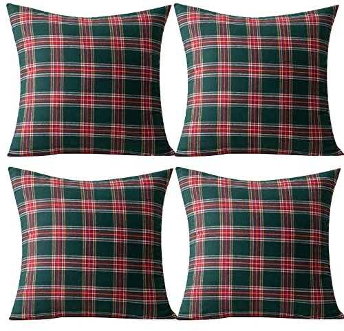 Qelus 4 er Kissenbezug Weihnachten Set, Kariert Plaid Kissenhülle 45x45cm, Weihnachtskissenbezug Dekorative Kissenbezüge Baumwolle Polyester, für Wohnzimmer Sofa Schlafzimmer (Rot und Grün)