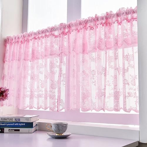 Devola Scheibengardine mit Blumen Kurzgardine Landhaus mit Spitze Kurzstore Gardinen Bistrogardine Transparent Kurze Vorhänge Landhausstil Küchenvorhang BxH 100x50cm Rosa 1 Stück