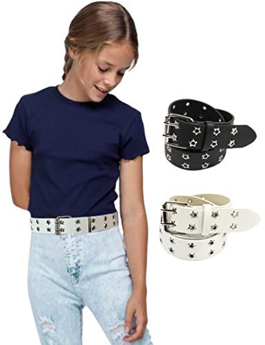 Kiench Mädchen Gothic Punk Nietengürtel Kinder Leder Gürtel 2er-Pack Zweireihige Stern-Ösen Schwarz & Weiß ohne Kette EU Taillenumfang 60-90cm = Gesamtlänge 100cm