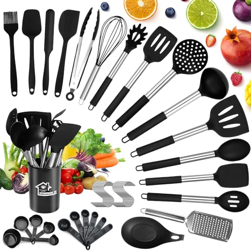 GUHAOOL Juego de Utensilios de Cocina, 46 Piezas Utensilios de Cocina de Silicona, Resistente al Calor,Antiadherente y Resistente a los Arañazos, sin BPA Acero Inoxidable Accesorios Cocina, Negro