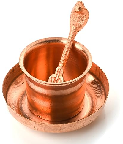 Tarini Gallery Traditional Indian Panchapatra Set - 3 Pcs Copper Pooja Item for Housewarming, Anniversary & Diwali