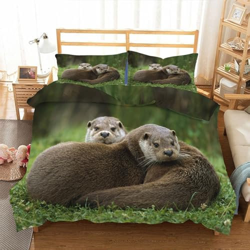 MLUNKQAIL Bettwäsche 155x220 Otter Bettwaesche 155x220 GrüNes Gras 3D Bettzeug Set Winter Weich Kuschelige Mikrofaser Bettwäsche-Sets Bettbezug mit 2 x Kissenbezug 80x80 cm
