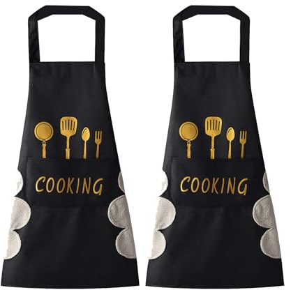 DILLMAN Women Kitchen Apron with Hand Wipe Pockets，Big Pocket,Hand-wiping, Waterproof for Cooking Baking, Black + Black, Large