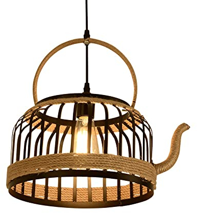 LRUII Retro Hemp Rope Creative Chandelier American Wrought Iron Pendant Light E27 Teapot Industrial Hanging Lamp for Bar Hot Pot Restaurant Cafe Milk Tea Shop Tea Room Suspension Light