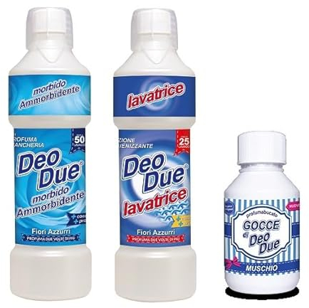 Set Deo Due Detersivo Lavatrice + Ammorbidente + Gocce Bucato Fragranza Fiori Azzurri e Muschio, Tris Deo Due Ultra Profumato