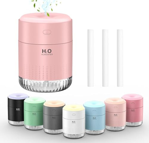 KARFUN Humidificador de Aire, Mini Humidificador Portátil 350ml, 7 Luces de Color, 26dB Silencioso, Apagado Automático, para Oficina, habitación de niños, Dormitorio, Coche (Rosa)