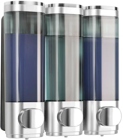 Kazaigou Shampoo and Conditioner Dispenser, 3 IN 1 Wall Mounted Shower Soap Dispenser, No Drill Shampoo Pump Dispenser for Shower Bathroom Hotel, 3 * 300ml with Labels