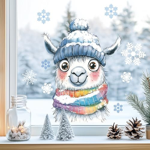 Sunnywall Fensterbilder Winter für Kinder Tiermotive in Winterszene als statisch haftende Fenstersticker, WIEDERVERWENDBAR (Alpaka, A2 Bogen)
