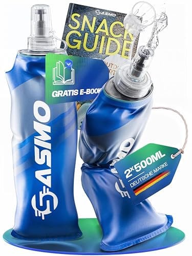 SASMO® Soft Flask 2x500ml BPA-Frei & Ultraleicht | SoftFlask - Schutzkappe & High Flow Ventil | Faltbare Trinkflasche für Laufen, Wandern, Radfahren & Outdoor | Soft Trinkflasche faltbar