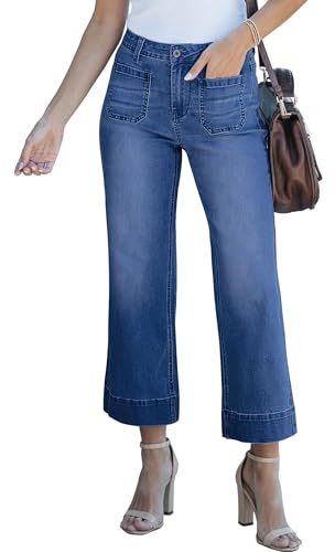 Roskiky Baggy Jeans Damen high Waist Flare Jeans Cropped Denim Hose Stretch Baggy mit aufgesetzten Taschen
