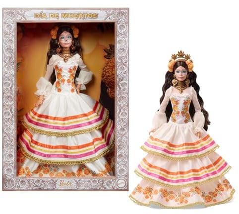 Barbie Signature Puppe, Día De Muertos 2025, Sammelfigur mit cremefarbenem Rüschenkleid mit Studentenblumen und Schleifen, Blumenkranz im Haar und Calavera-Gesichtsbemalung, JBJ05