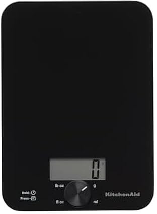 KitchenAid KQ914BA Digital Glass Top Kitchen and Food Scale, 11 lb Capacity, Measures Liquid & Dry Ingredients, Rotating Knob, Precise Results for Baking, Cooking, Keto and Meal Prep, Tare, Black