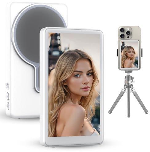 Magnetic Selfie Monitor Screen for Phone, 4.02 Wireless Display Rear Camera Screen Mirroring, Portable for Selfie Vlog, TikTok, YouTube Live Streaming, Remote Control, Compatible with iPhone, White