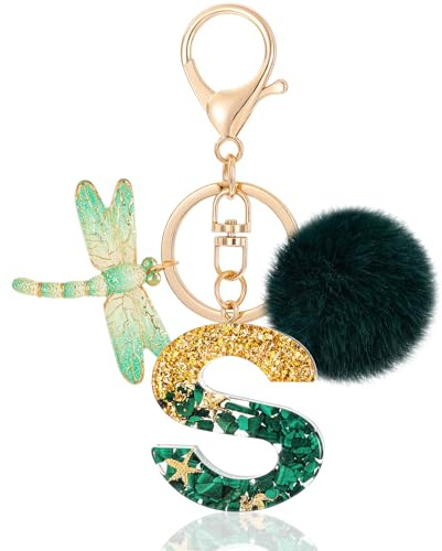 MWOOT Letter S Keychain Initiale Buchstaben-Schlüsselanhänger,Alphabet Harz Key Chain mit Libelle Plüsch Anhänger Handtasche Geldbörse Charm,Grün Keyring für Frauen(S)