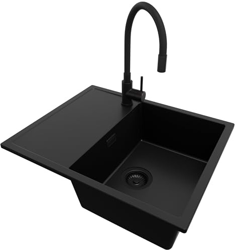 PRIMAGRAN Granitspüle ab 45er Unterschrank + Küchenarmatur, 62x50cm | Set: Küchenarmatur BW6020 + Ablauf-Set (Siphon, Ablaufgarnitur, Überlauf) + Spülbecken 1 Becken - Ibiza, Alles Schwarz
