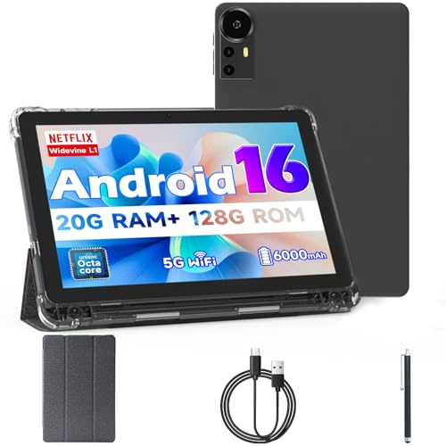 Tabletas Android 15 de 10 pulgadas, 20 GB RAM 128 GB ROM 2 TB Expand, 2.0 Ghz CPU procesador Quad-Core Tablet PC con funda y lápiz capacitivo, 5G WiFi6, BT5.0, batería de 6000 mAh, cámara dual